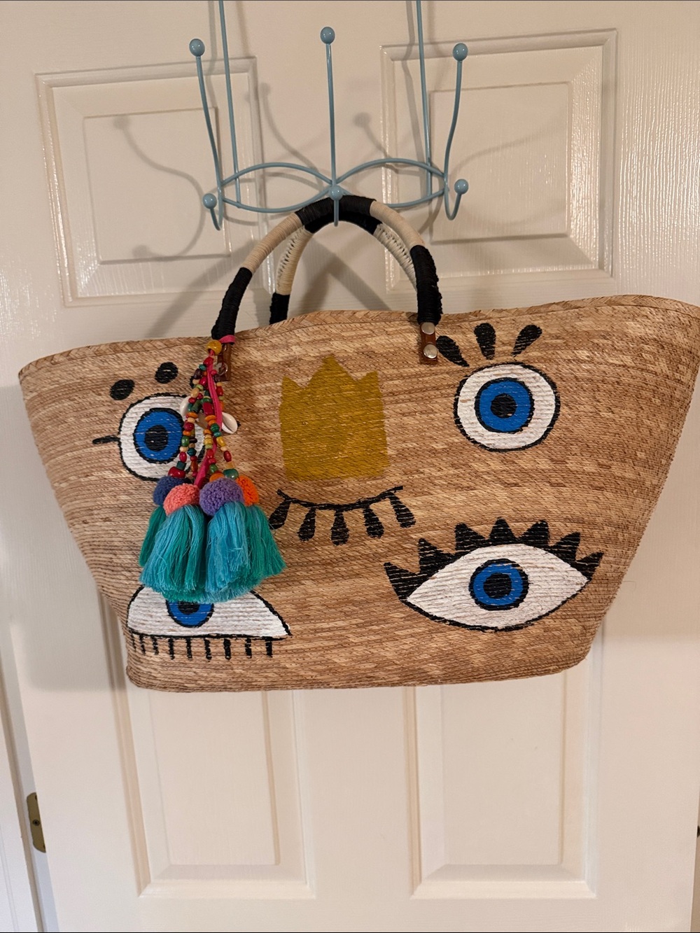 Embroidered Straw Tote with Blue Eye Motif and Teal Tassel